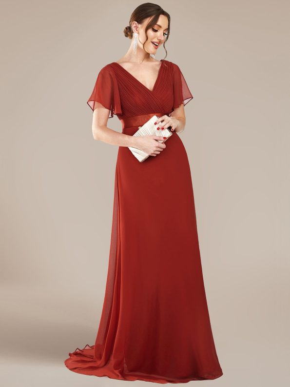 Long Empire Waist Bridesmaid Dress with Short Flutter Sleeves - Vermilion