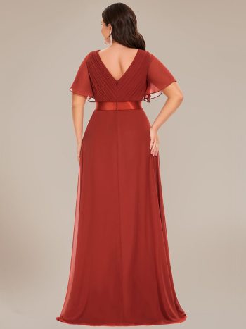 Plus Size Simple Empire Waist Flutter Sleeve Evening Dress - Vermilion