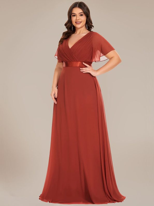 Plus Size Empire Waist V Back Bridesmaid Dress with Short Sleeves - Vermilion