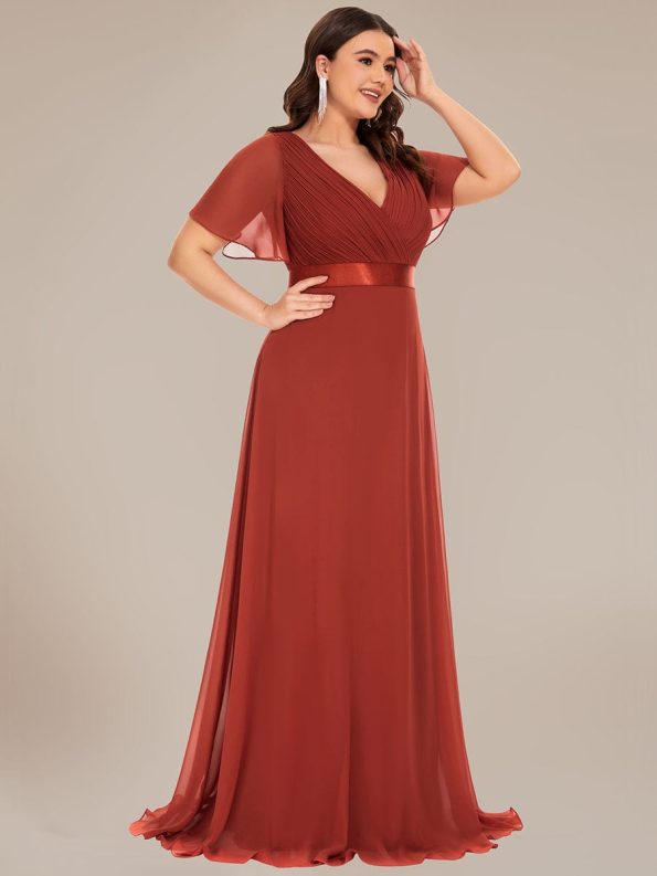 Plus Size Simple Empire Waist Flutter Sleeve Evening Dress - Vermilion