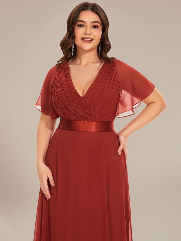 Plus Size Simple Empire Waist Flutter Sleeve Evening Dress - Vermilion