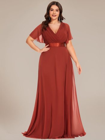 Plus Size Simple Empire Waist Flutter Sleeve Evening Dress - Vermilion