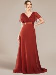 Long Empire Waist Bridesmaid Dress with Short Flutter Sleeves - Vermilion