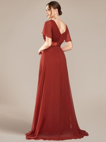 Long Empire Waist Bridesmaid Dress with Short Flutter Sleeves - Vermilion