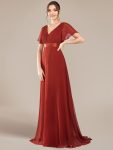 Long Empire Waist Bridesmaid Dress with Short Flutter Sleeves – Vermilion