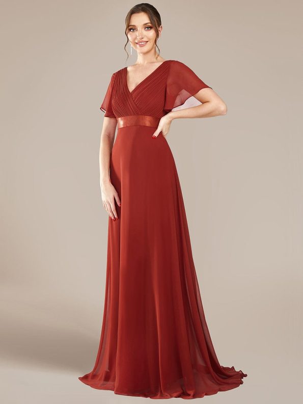 Long Empire Waist Bridesmaid Dress with Short Flutter Sleeves - Vermilion