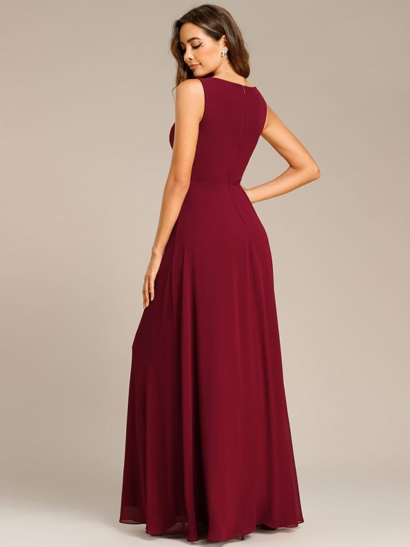 Floral Applique Sleeveless Chiffon Long Formal Evening Dress - Burgundy