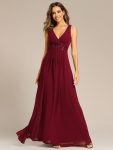 Floral Applique Sleeveless Chiffon Long Formal Evening Dress - Burgundy