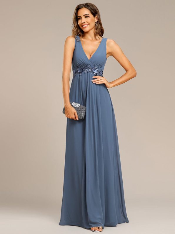 Floral Applique Sleeveless Chiffon Long Formal Evening Dress - Dusty Navy