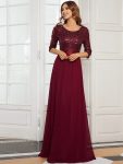 Elegant Round Neckline Long Sleeves Sequin Evening Dress – Burgundy