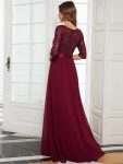 Elegant Round Neckline Long Sleeves Sequin Evening Dress – Burgundy