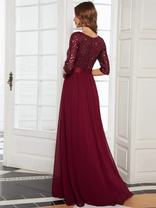 Elegant Round Neckline Long Sleeves Sequin Evening Dress - Burgundy