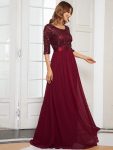 Elegant Round Neckline Long Sleeves Sequin Evening Dress – Burgundy