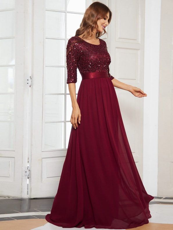 Elegant Round Neckline Long Sleeves Sequin Evening Dress - Burgundy