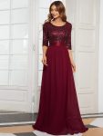 Elegant Round Neckline Long Sleeves Sequin Evening Dress – Burgundy