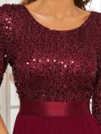 Elegant Round Neckline Long Sleeves Sequin Evening Dress – Burgundy