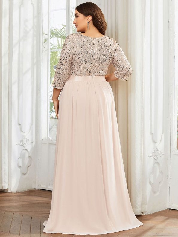 Elegant Round Neckline Long Sleeves Sequin Evening Dress - Blush