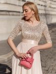 Elegant Round Neckline Long Sleeves Sequin Evening Dress – Blush