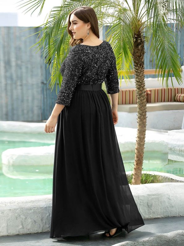 Elegant Round Neckline Long Sleeves Sequin Evening Dress - Black