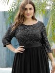 Elegant Round Neckline Long Sleeves Sequin Evening Dress – Black