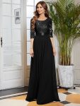 Elegant Round Neckline Long Sleeves Sequin Evening Dress – Black