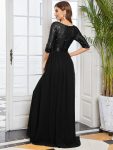 Elegant Round Neckline Long Sleeves Sequin Evening Dress – Black