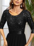 Elegant Round Neckline Long Sleeves Sequin Evening Dress – Black