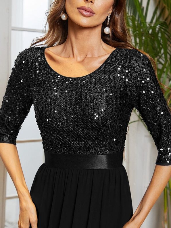 Elegant Round Neckline Long Sleeves Sequin Evening Dress - Black