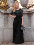 Elegant Round Neckline Long Sleeves Sequin Evening Dress – Black