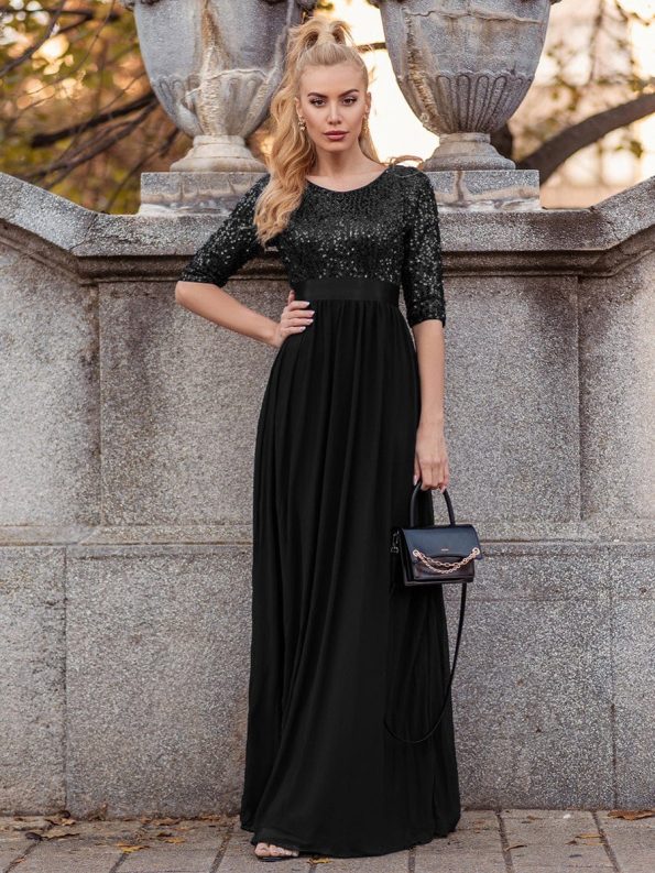 Elegant Round Neckline Long Sleeves Sequin Evening Dress - Black