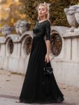 Elegant Round Neckline Long Sleeves Sequin Evening Dress – Black