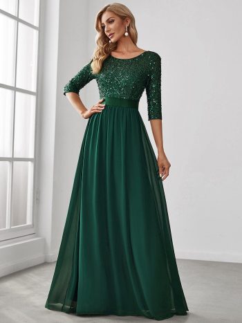 Elegant Round Neckline Long Sleeves Sequin Evening Dress - Dark Green