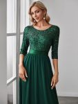 Elegant Round Neckline Long Sleeves Sequin Evening Dress – Dark Green