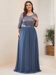 Elegant Round Neckline Long Sleeves Sequin Evening Dress – Dusty Navy