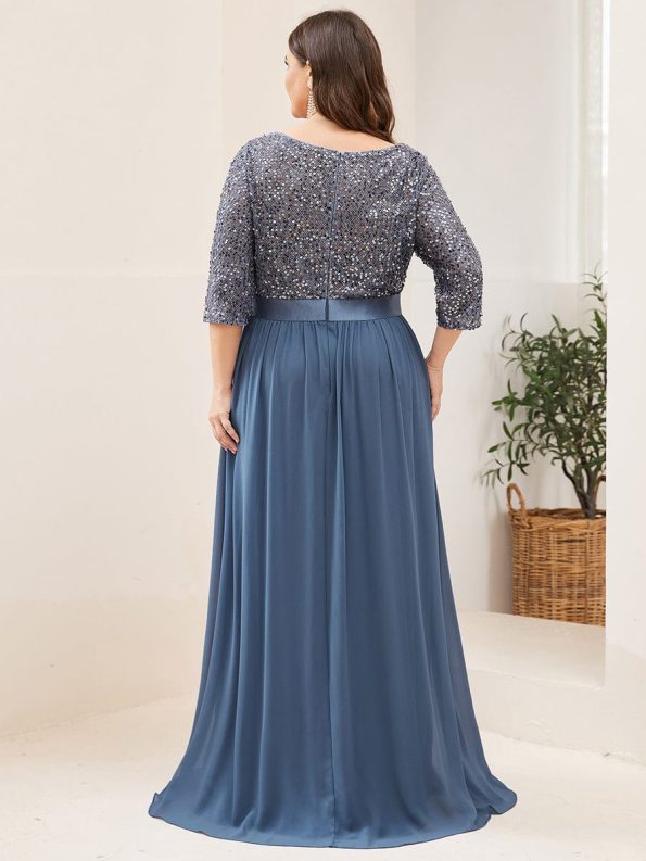 Elegant Round Neckline Long Sleeves Sequin Evening Dress - Dusty Navy