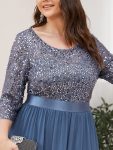 Elegant Round Neckline Long Sleeves Sequin Evening Dress – Dusty Navy