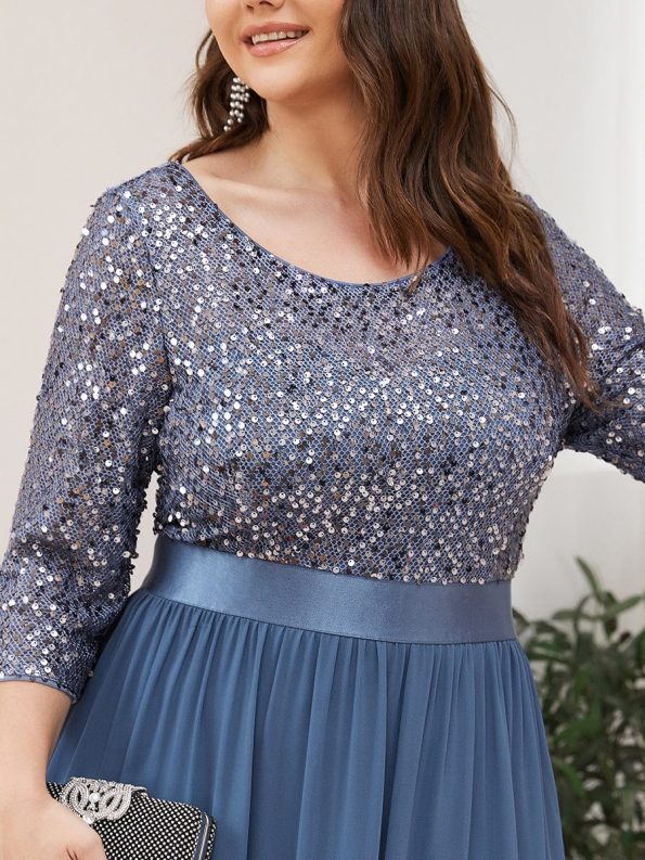 Elegant Round Neckline Long Sleeves Sequin Evening Dress - Dusty Navy