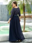 Elegant Round Neckline Long Sleeves Sequin Evening Dress – Navy Blue