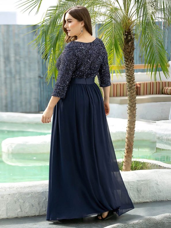 Elegant Round Neckline Long Sleeves Sequin Evening Dress - Navy Blue