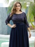 Elegant Round Neckline Long Sleeves Sequin Evening Dress – Navy Blue