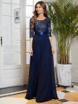 Elegant Round Neckline Long Sleeves Sequin Evening Dress – Navy Blue