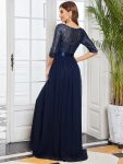 Elegant Round Neckline Long Sleeves Sequin Evening Dress – Navy Blue