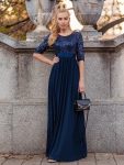 Elegant Round Neckline Long Sleeves Sequin Evening Dress – Navy Blue