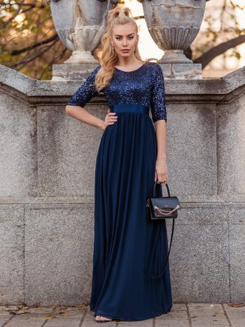 Elegant Round Neckline Long Sleeves Sequin Evening Dress - Navy Blue