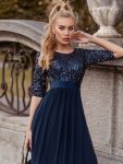 Elegant Round Neckline Long Sleeves Sequin Evening Dress – Navy Blue