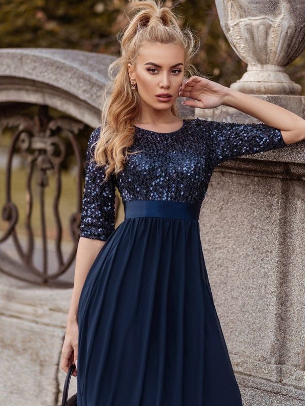 Elegant Round Neckline Long Sleeves Sequin Evening Dress - Navy Blue