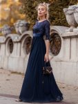 Elegant Round Neckline Long Sleeves Sequin Evening Dress – Navy Blue