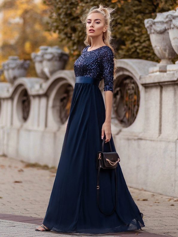 Elegant Round Neckline Long Sleeves Sequin Evening Dress - Navy Blue