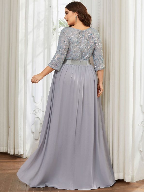 Elegant Round Neckline Long Sleeves Sequin Evening Dress - Silver