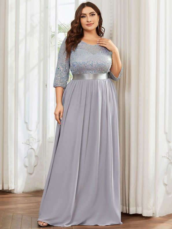 Elegant Round Neckline Long Sleeves Sequin Evening Dress - Silver